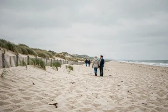 Promeneurs sur la plage de sable de La Panne avec vue sur les dunes de la côte belge