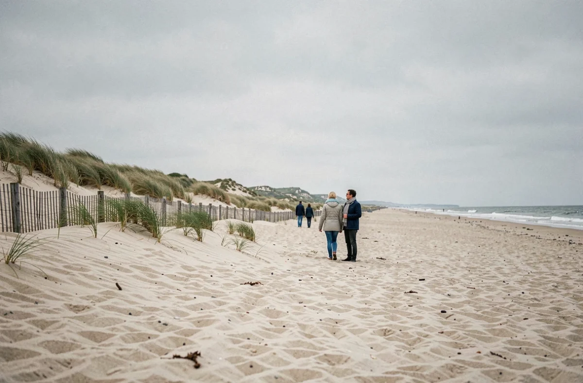 Promeneurs sur la plage de sable de La Panne avec vue sur les dunes de la côte belge