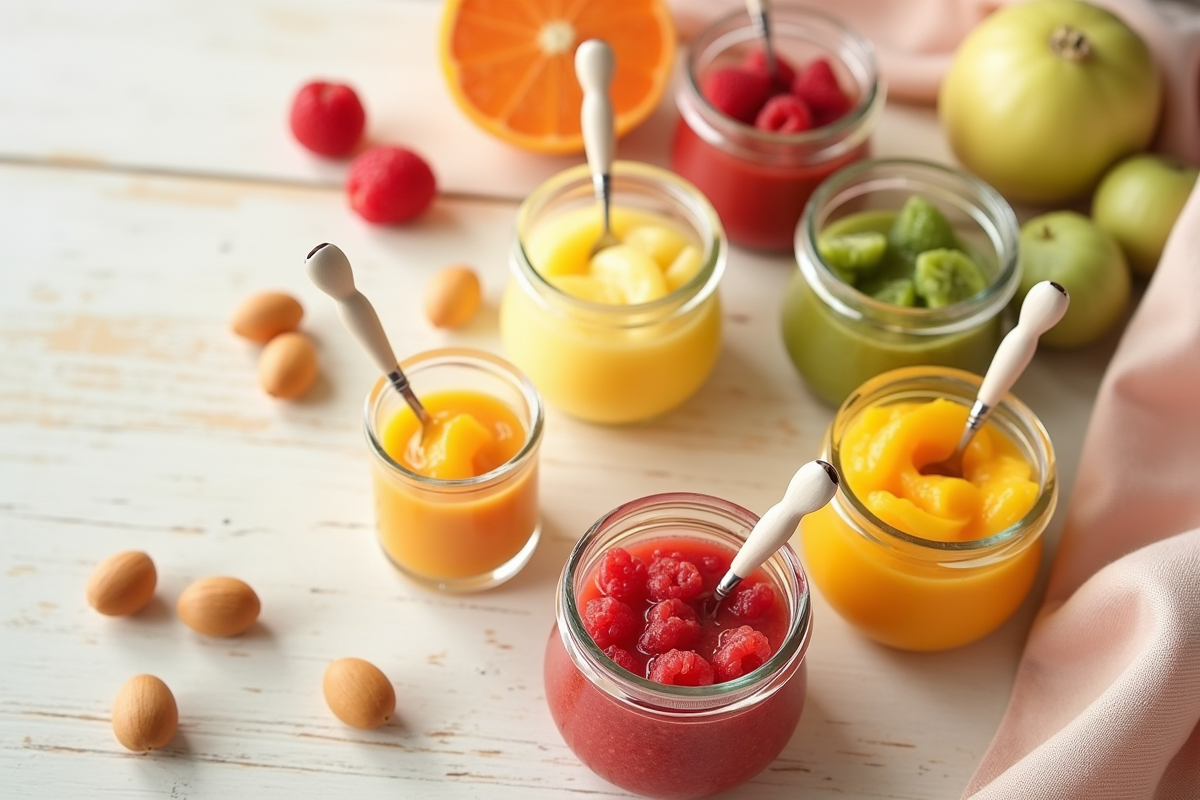 Assortiment de plats de bébé avec purées et cuillères colorées