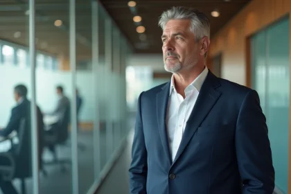 Portrait professionnel d'un homme de direction en costume bleu marine dans un couloir de bureaux modernes, illustrant le profil et les valeurs d'un dirigeant engagé