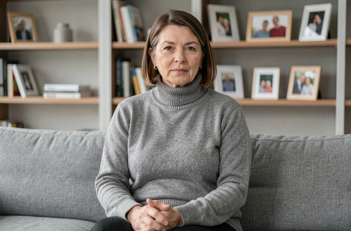 Portrait d'une femme mature et élégante dans un salon contemporain, illustration d'une personnalité publique dans un cadre privé et familial