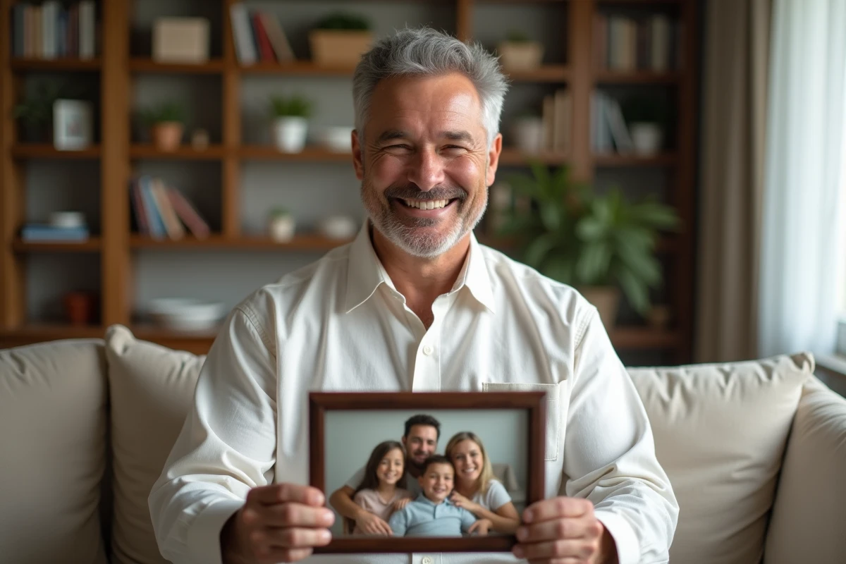 Homme dans la cinquantaine tenant avec émotion une photo de famille encadrée dans un salon décoré avec sobriété