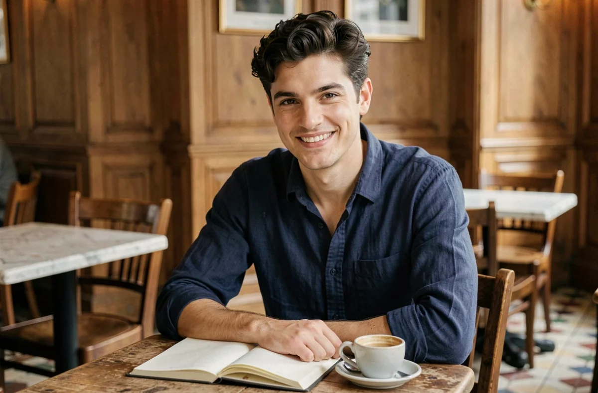 Portrait d'un jeune homme prénommé Raphaël au sourire confiant dans un café parisien, illustrant le caractère chaleureux et curieux du prénom