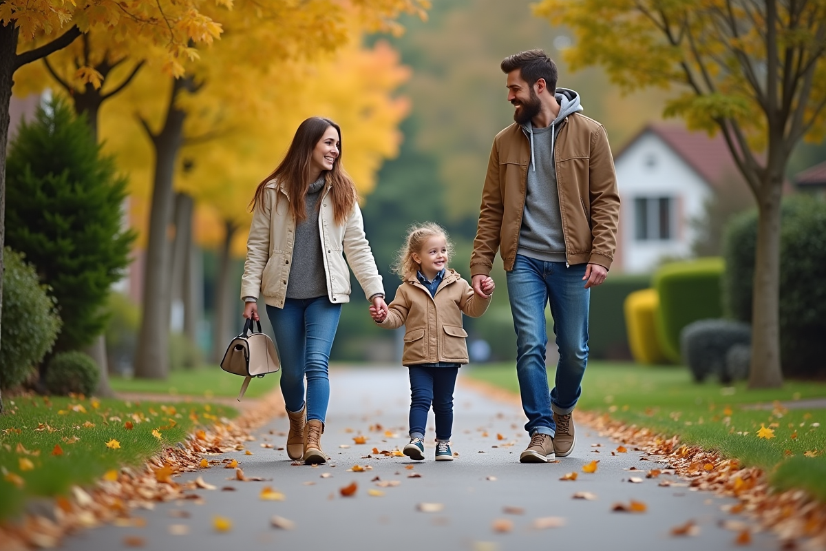 Famille marchant main dans la main dans un quartier verdoyant