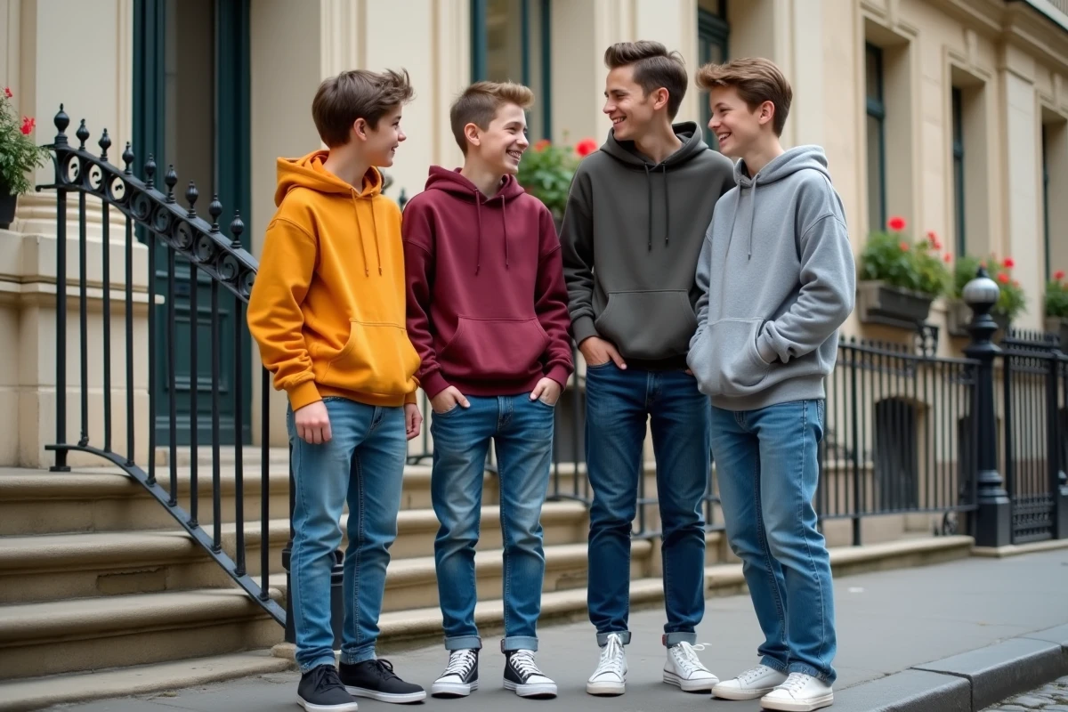 Quatre jeunes frères en tenue décontractée réunis devant un immeuble haussmannien parisien dans une ambiance complice et spontanée