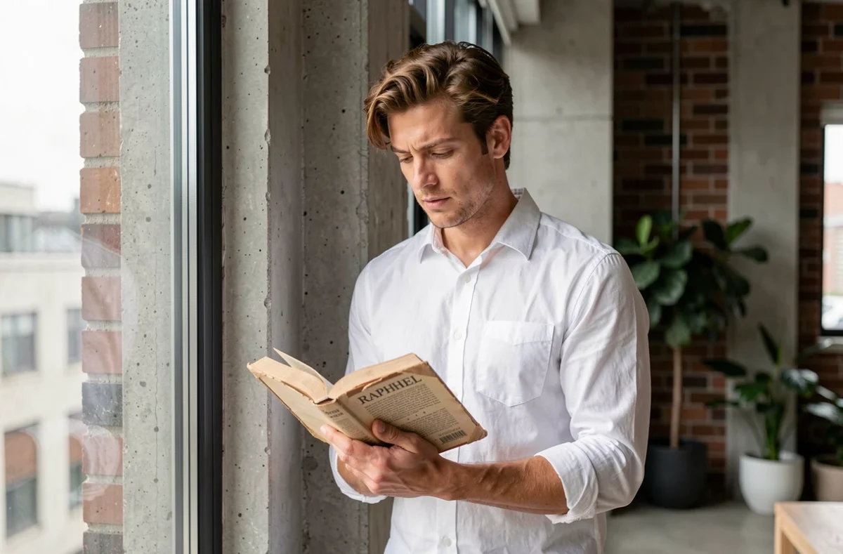 Homme au prénom Raphaël en train de lire près d'une fenêtre dans un appartement moderne, symbolisant la personnalité intellectuelle et réfléchie associée à ce prénom