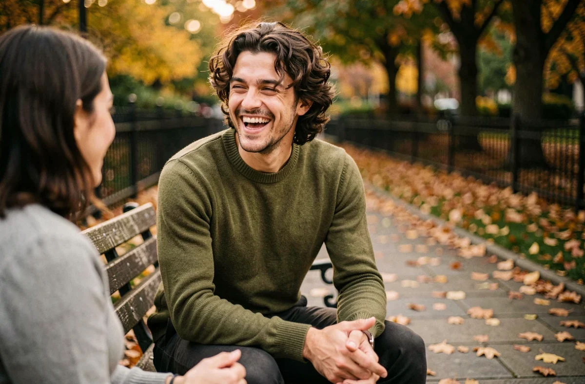 Jeune homme prénommé Raphaël riant dans un jardin urbain en automne, évoquant les qualités de sociabilité et de charisme caractéristiques du prénom Raphaël