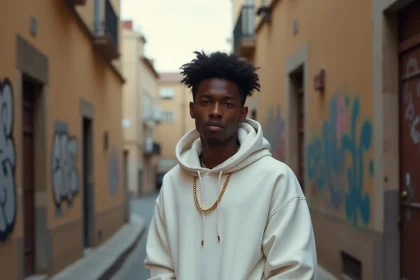 Rappeur fran&ccedil;ais seul dans une ruelle de Marseille, r&eacute;fl&eacute;chissant &agrave; sa vie priv&eacute;e loin des projecteurs