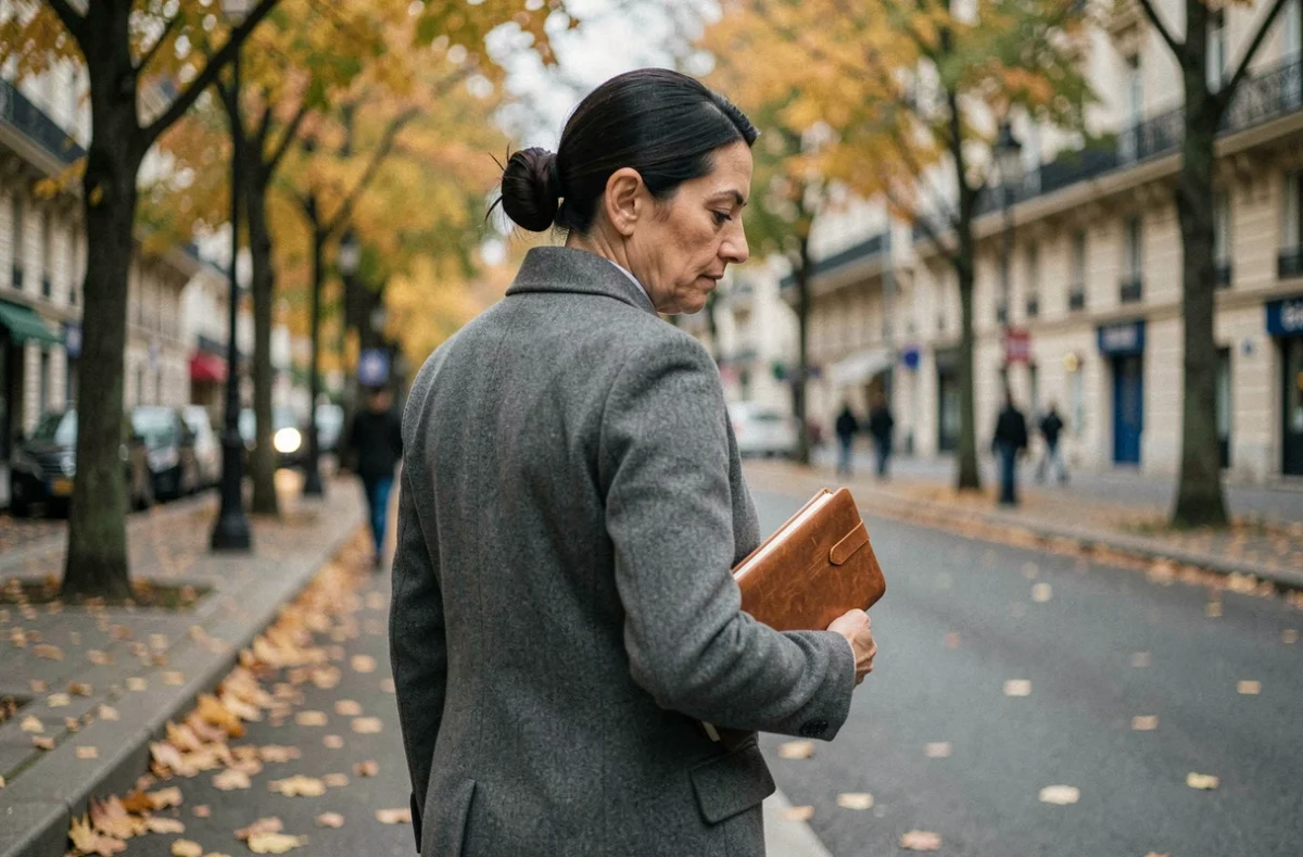 Femme marchant seule dans une avenue française en automne, évoquant discrétion médiatique et réflexion personnelle