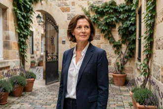 Femme française élégante dans une cour parisienne, symbolisant la discrétion et la vie privée