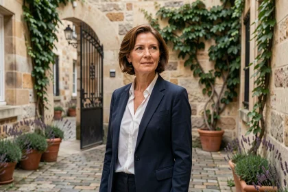 Femme française élégante dans une cour parisienne, symbolisant la discrétion et la vie privée