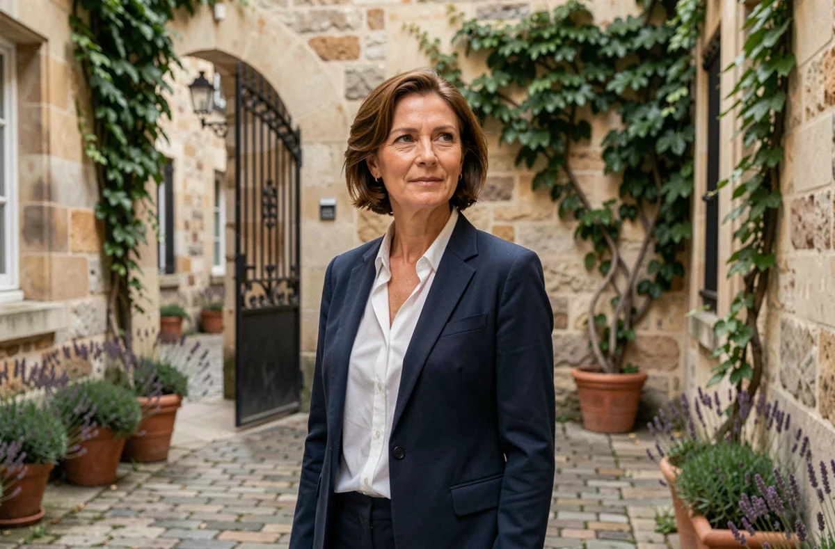 Femme française élégante dans une cour parisienne, symbolisant la discrétion et la vie privée