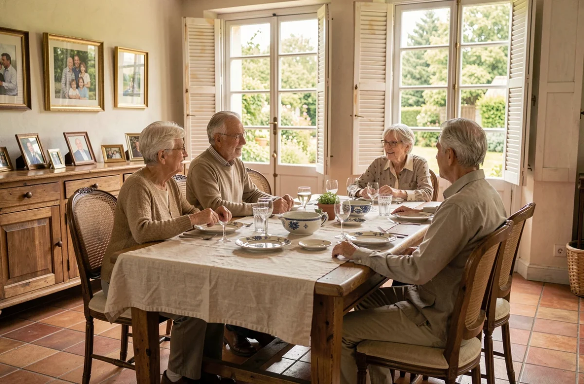 Réunion de famille multigénérationnelle dans une maison provençale, illustrant les origines et la vie familiale