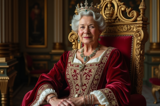 Reine assise sur un trone doré dans un palais historique