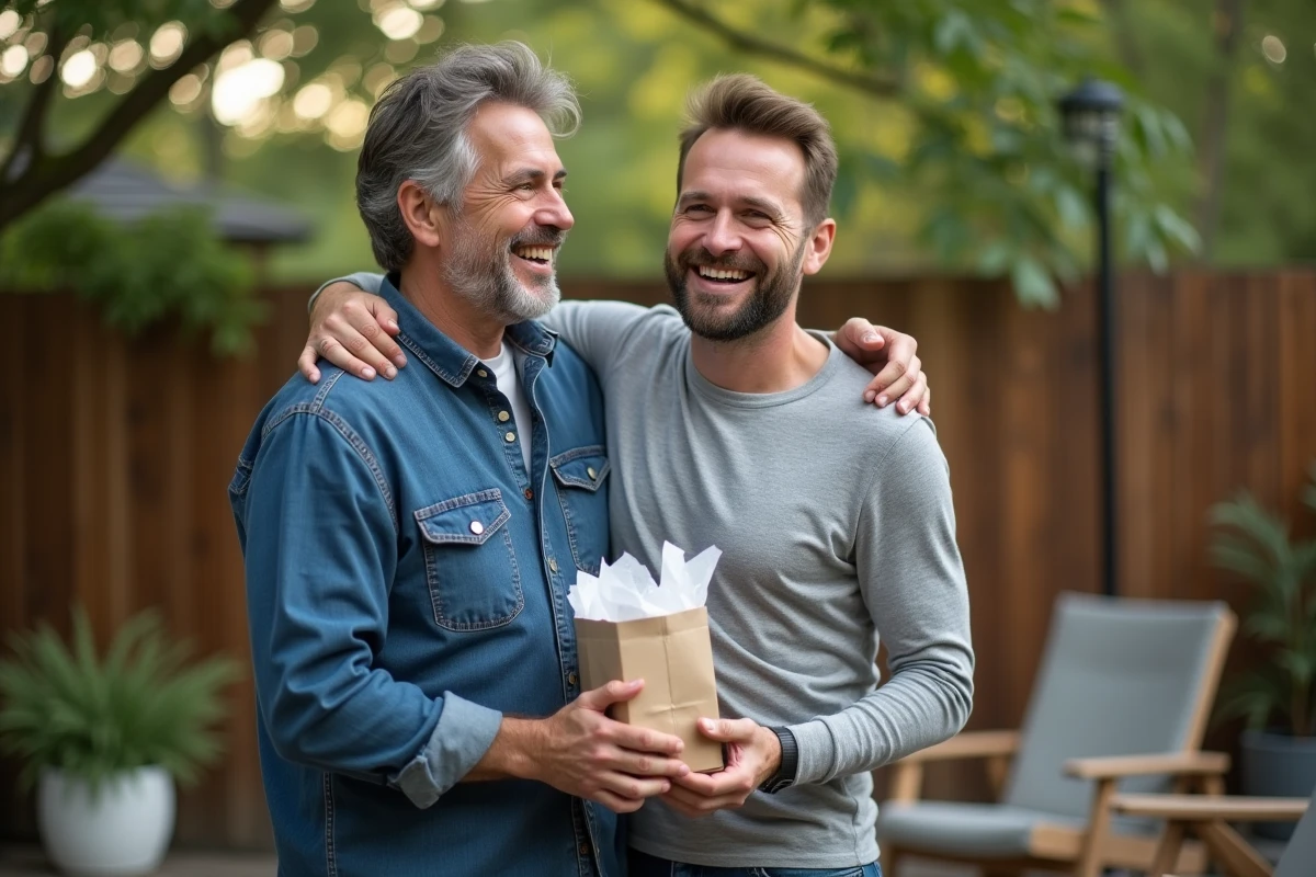 Deux amis s'embrassant chaleureusement lors de l'échange d'un cadeau d'anniversaire en plein air