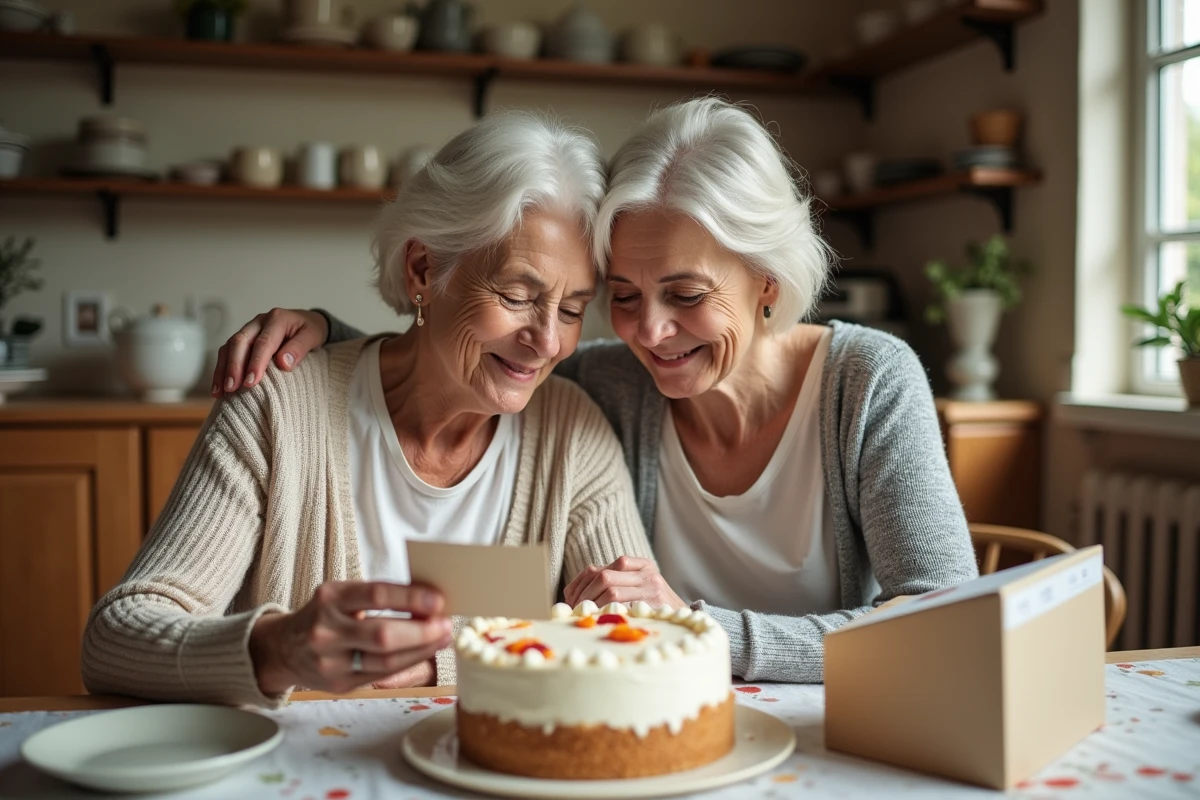 Mère et fille partageant un moment de gratitude autour d'un cadeau d'anniversaire dans une cuisine familiale