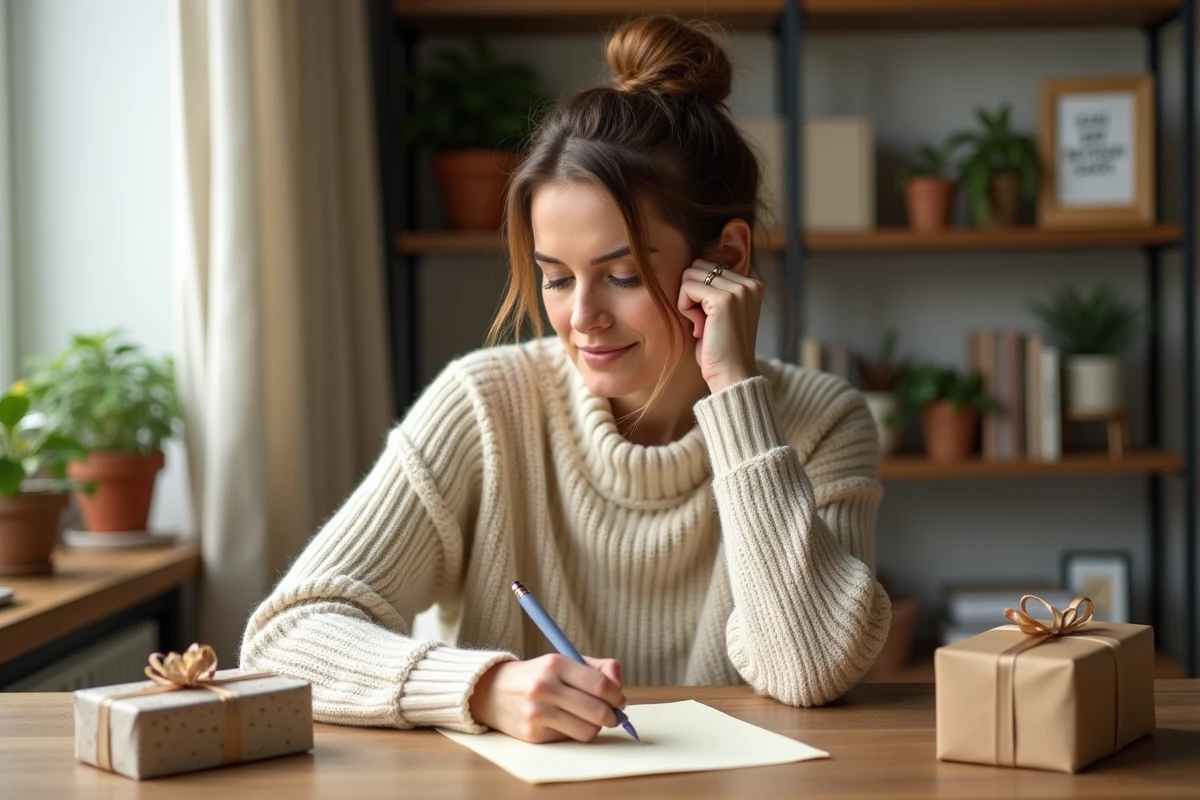 Femme écrivant un message de remerciement pour un cadeau d'anniversaire à son bureau en bois