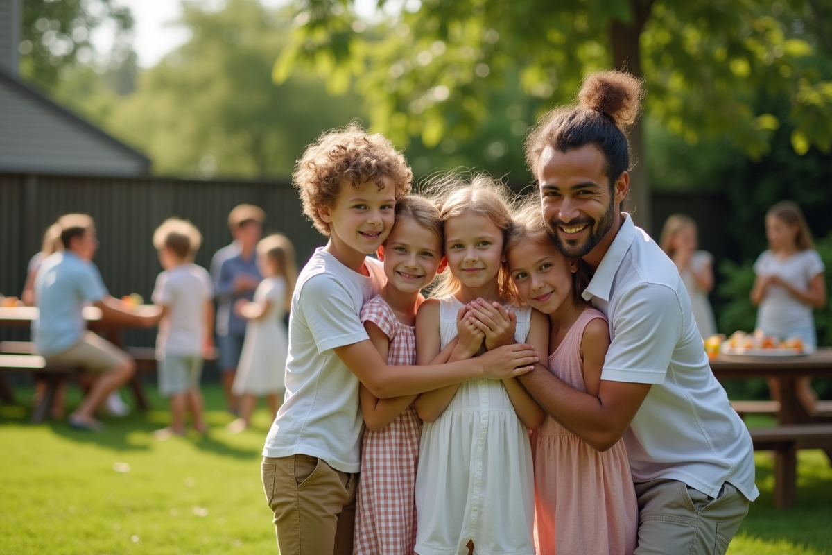 Famille jouant et discutant dans un jardin en été