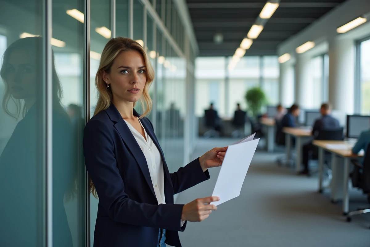 Responsable RH signalant une erreur dans un courrier de congé parental dans un bureau moderne