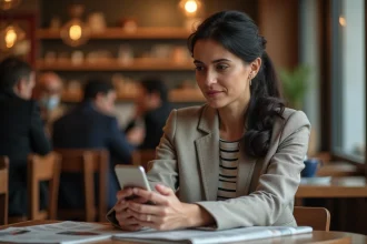Femme lisant des rumeurs sur son téléphone dans un café parisien, expression préoccupée