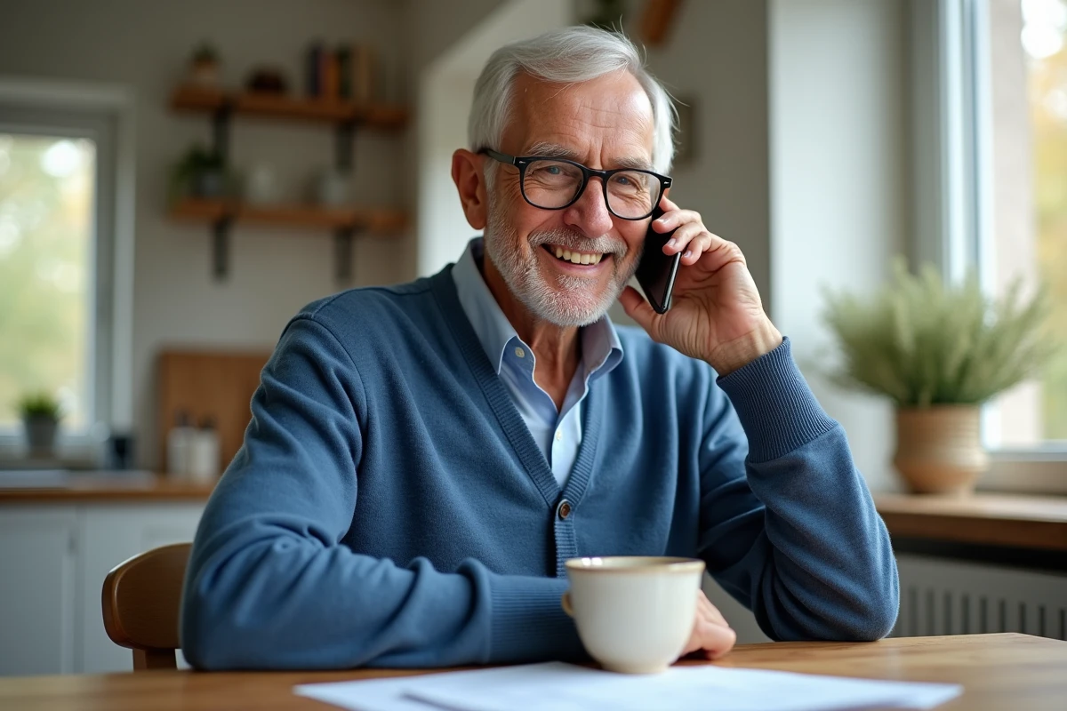 Homme senior en cardigan bleu parlant au téléphone