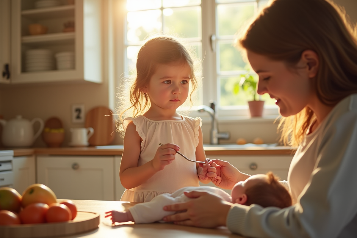 Soeurs dans la cuisine lumineuse regardant leur bébé frère
