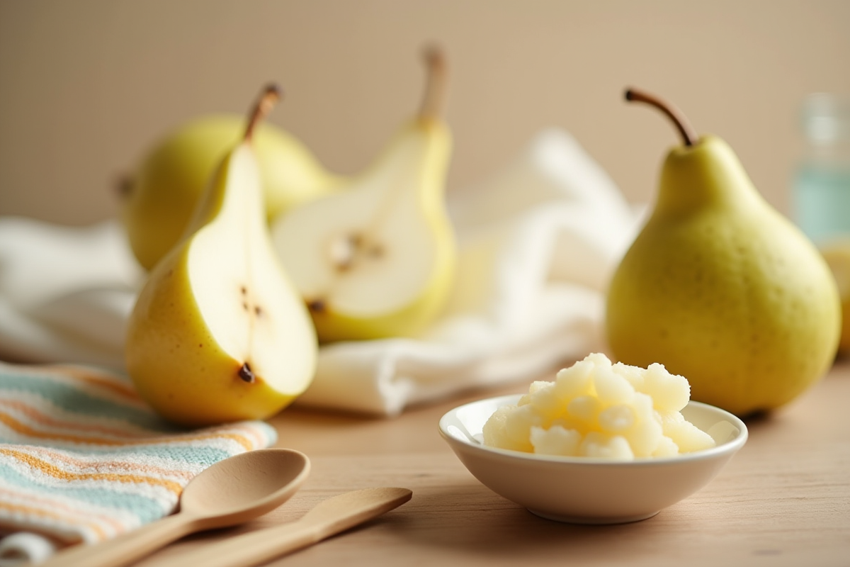 Tranche de poire fraîche et bol de purée de poire sur une table en bois