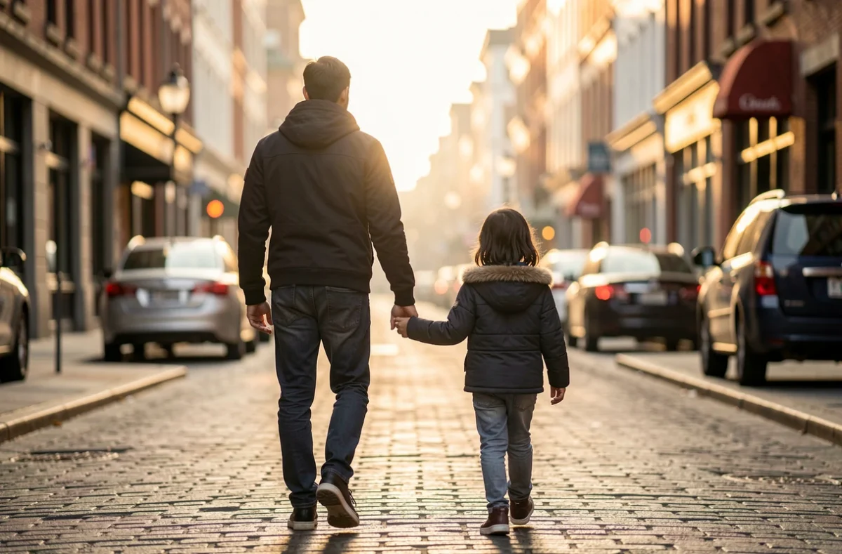 Un parent et son enfant marchent main dans la main dans une rue
