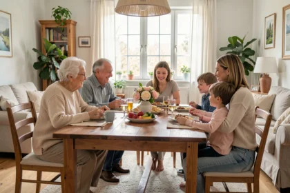Une famille de trois générations réunie autour d'une table