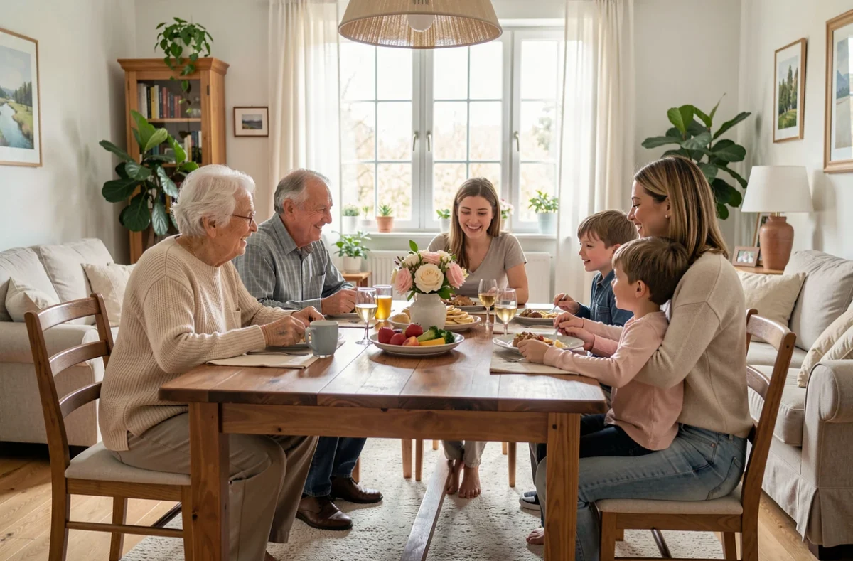 Une famille de trois générations réunie autour d'une table