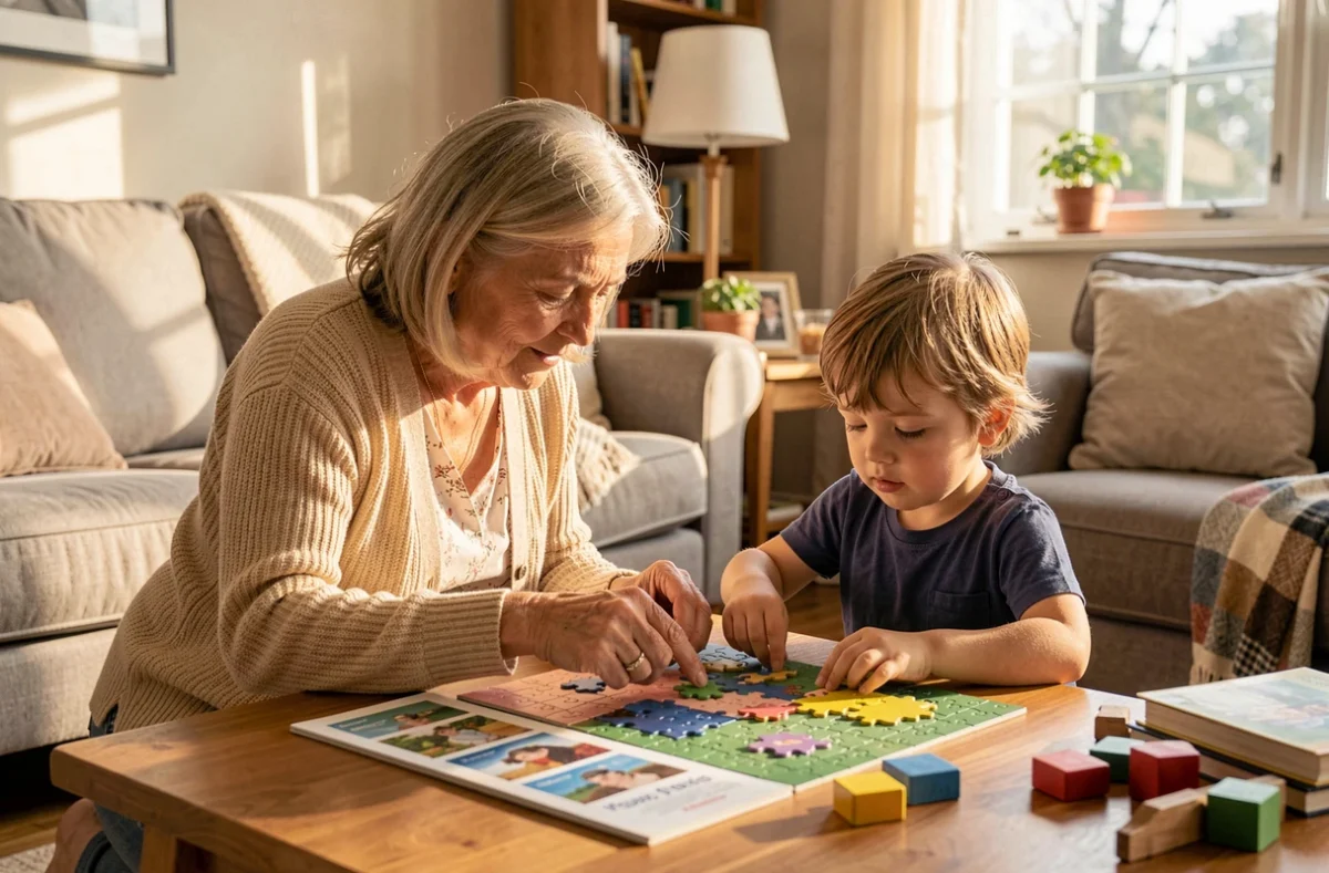 Une grand-mère aide un petit-enfant à faire un puzzle