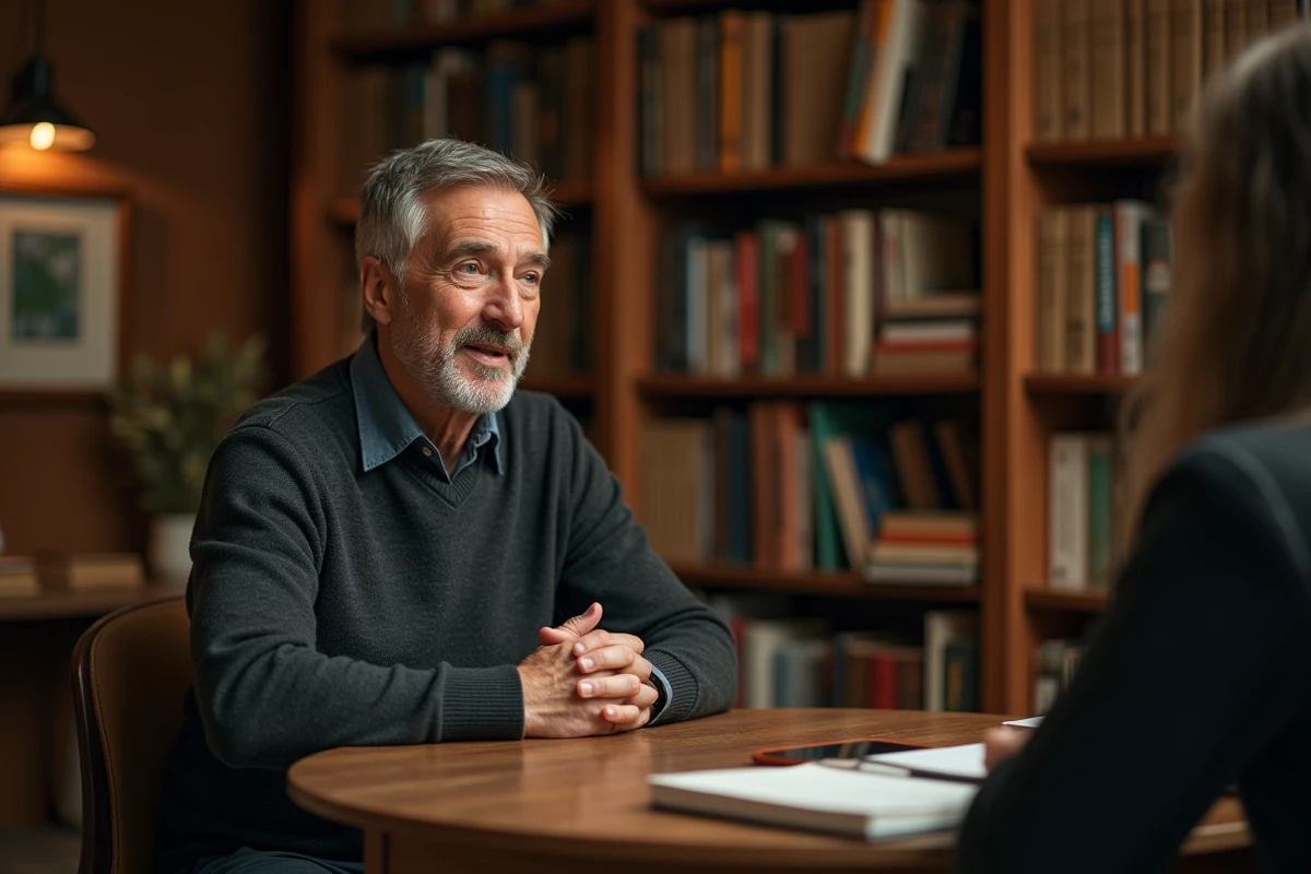 Homme en tenue décontractée dans une bibliothèque privée, évoquant la vie personnelle, les passions intellectuelles et les engagements humanistes d'un personnage public