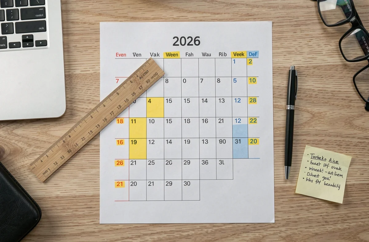 Vue aérienne d'un calendrier PDF 2026 imprimé avec semaines paires et impaires surlignées sur un bureau